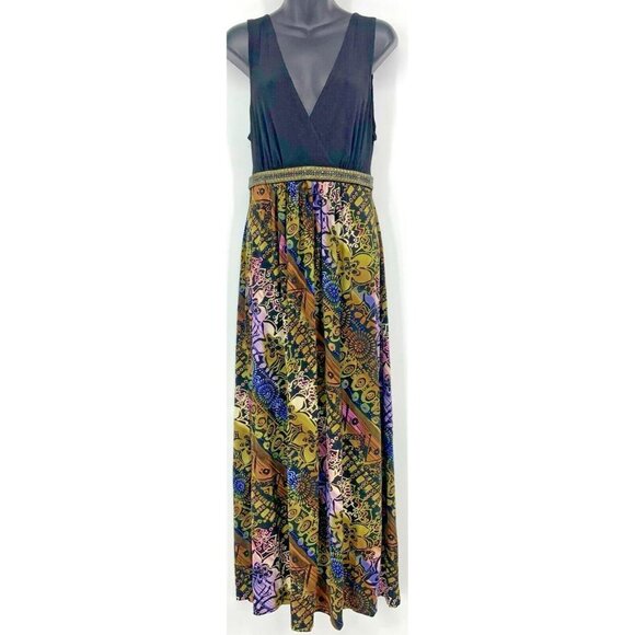 Connected Dresses & Skirts - Connected Apparel Women Dress Size 14 Black Boho Print Beaded V Neck Sleeveless